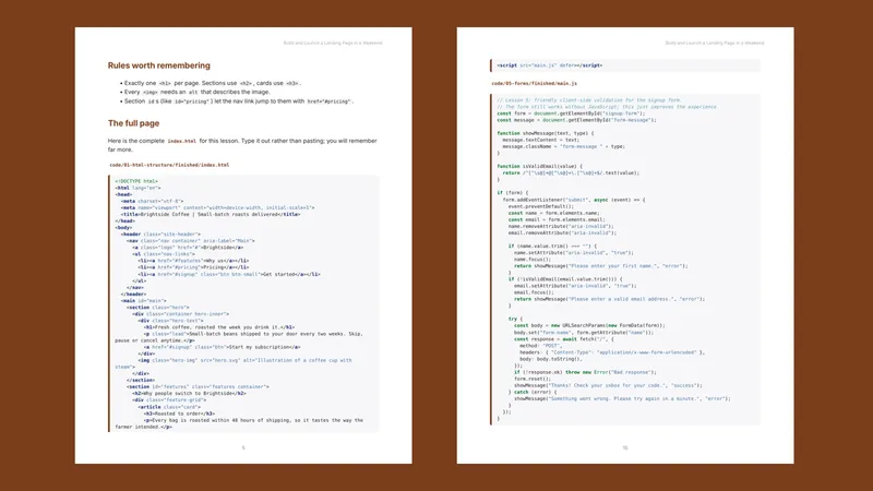 Two sample pages from the landing page course showing HTML and JavaScript code