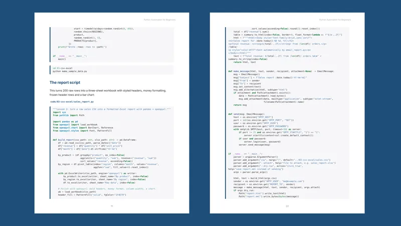 Two sample pages from the Python course showing automation scripts